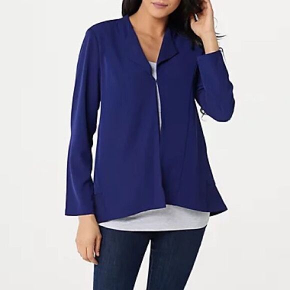 LOGO by Lori Goldstein Tricotine Open Front Blazer with Ruffle - Picture 1 of 4